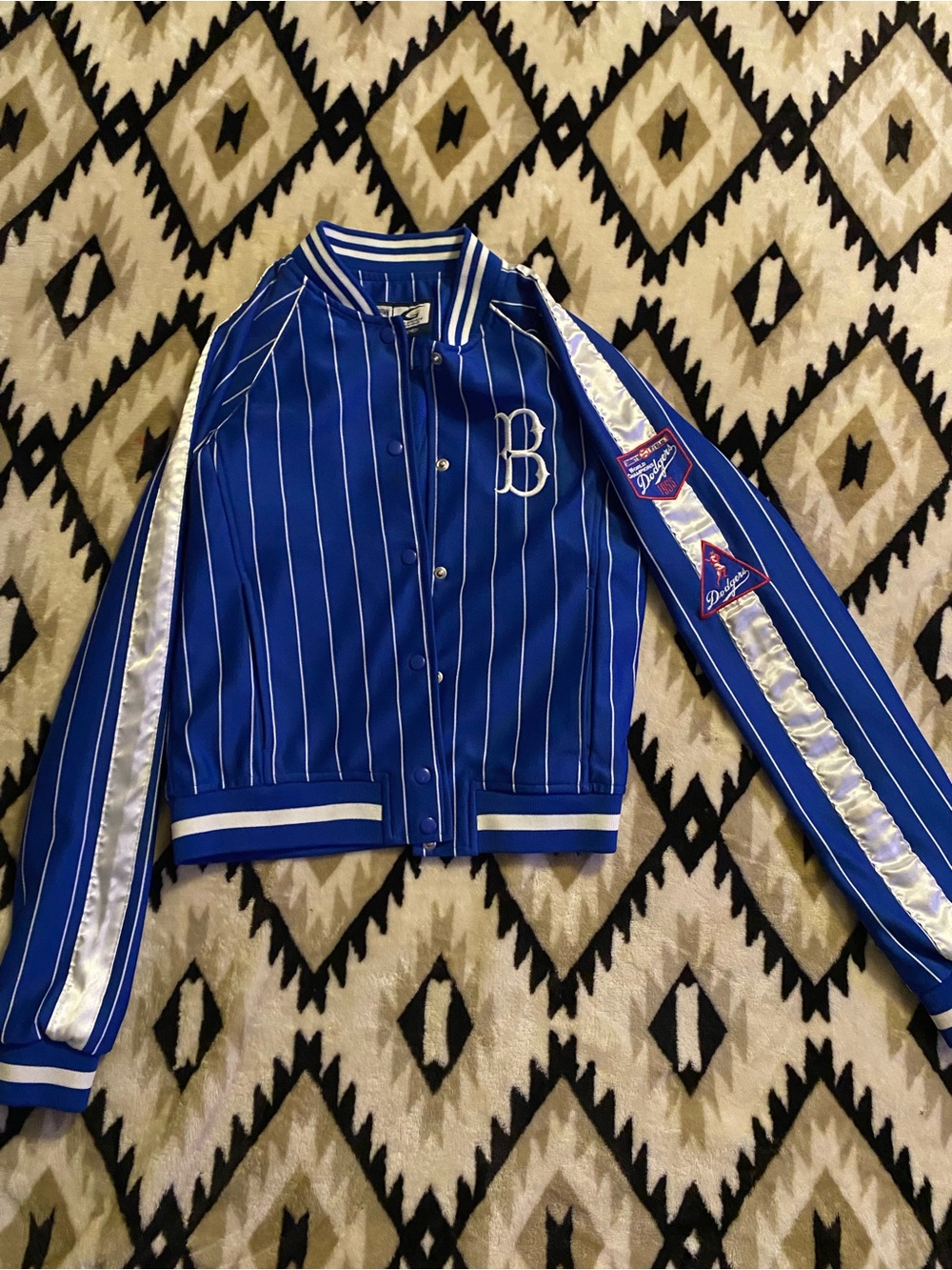 Blue Striped Bomber Jacket with Dodgers Patch - Unbranded